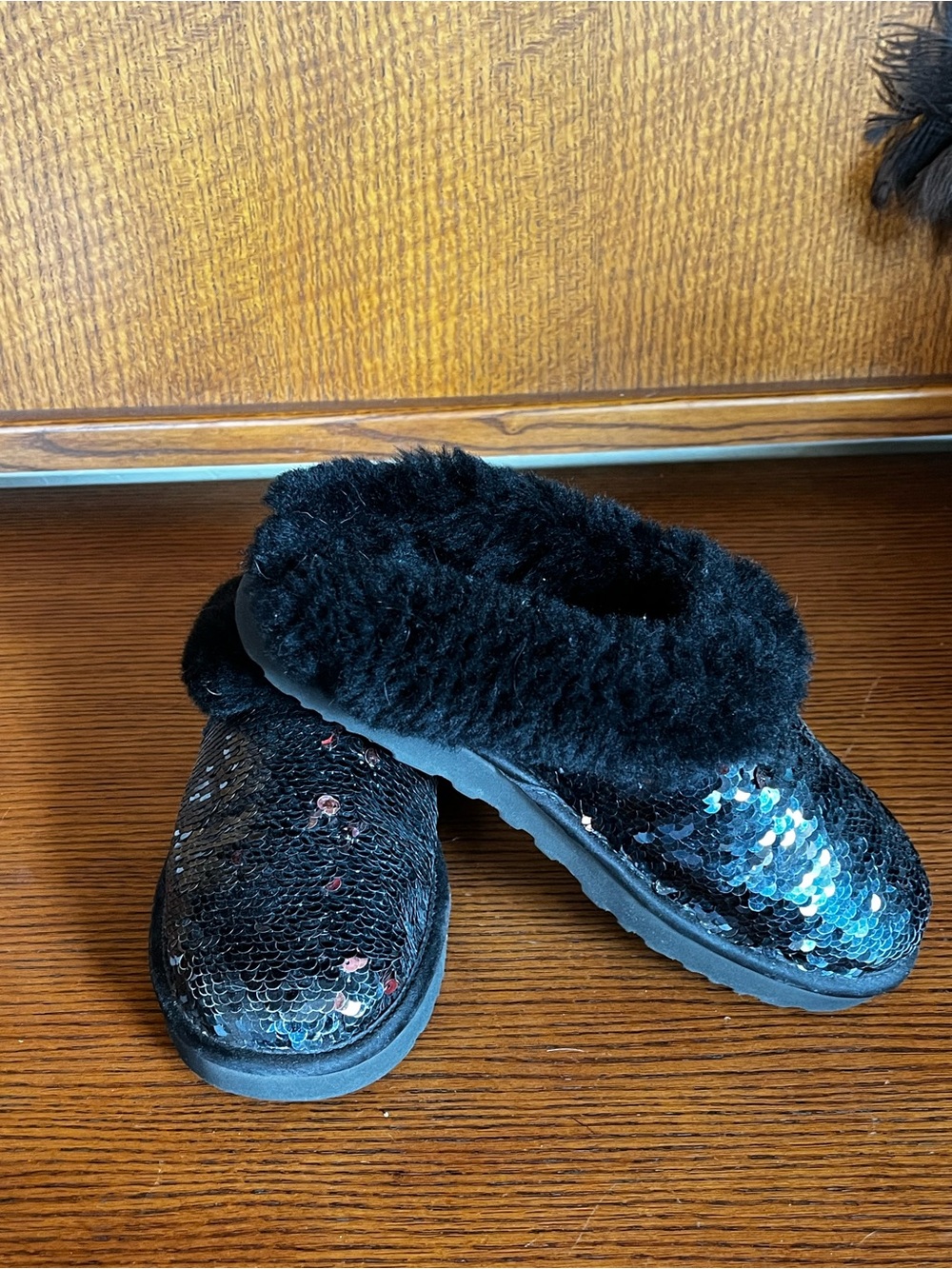 UGG Black Sequin Faux-Fur Slide Slippers